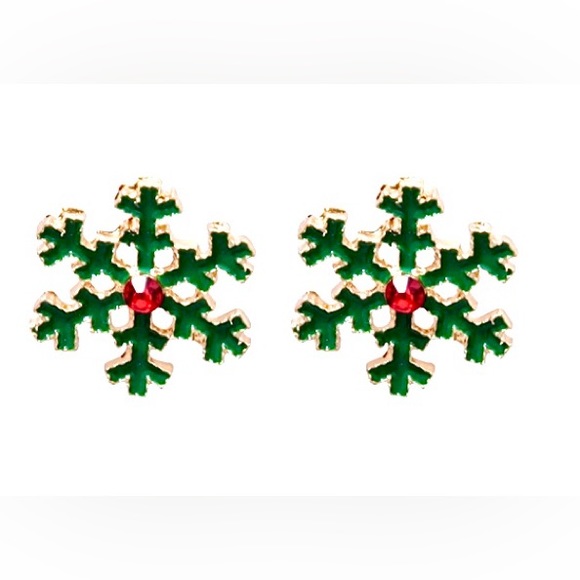 Christmas Green Enamel Red Crystal Rhinestone Gold Tone Studs Stud Earrings 17mm - Picture 3 of 5